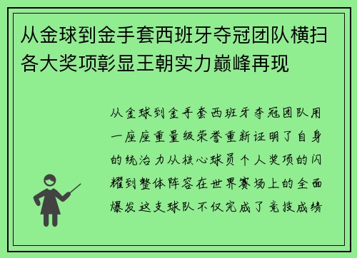 从金球到金手套西班牙夺冠团队横扫各大奖项彰显王朝实力巅峰再现 从金球到金手套西班牙夺冠团队横扫各大奖项彰显王朝实力巅峰再现